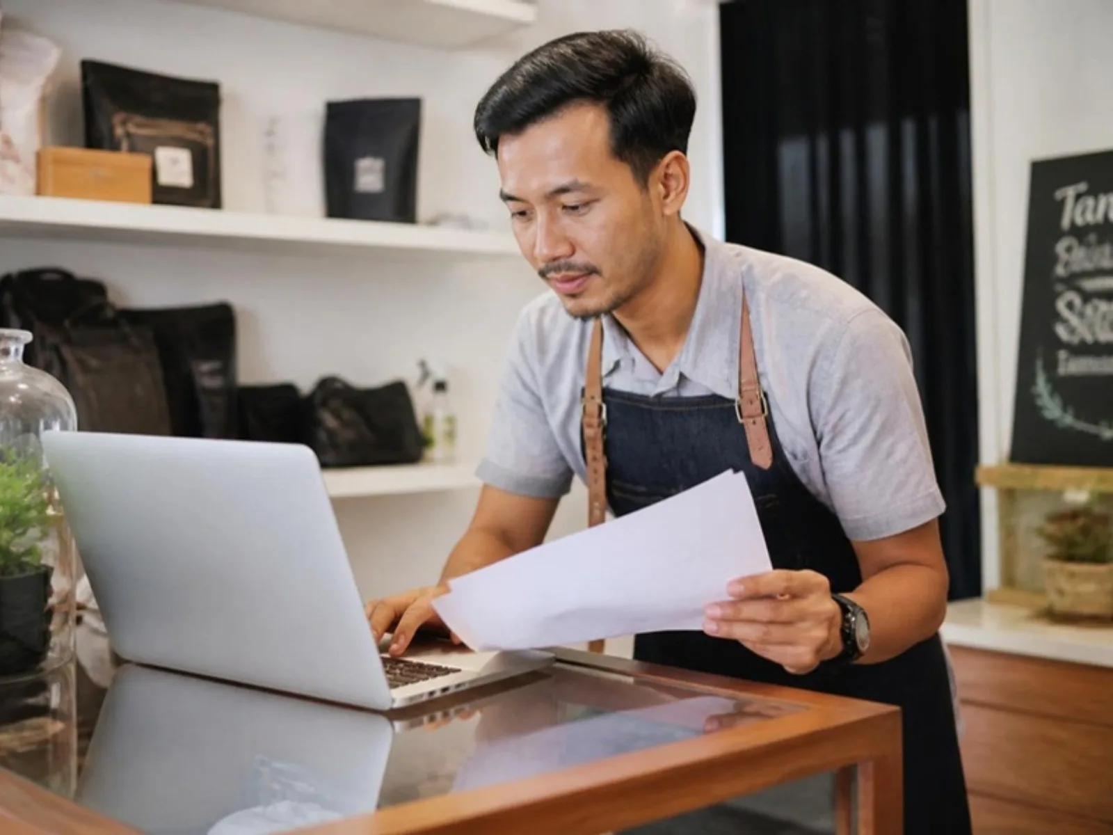 A business owner checking financial records and sales figures on a laptop at their shop counter