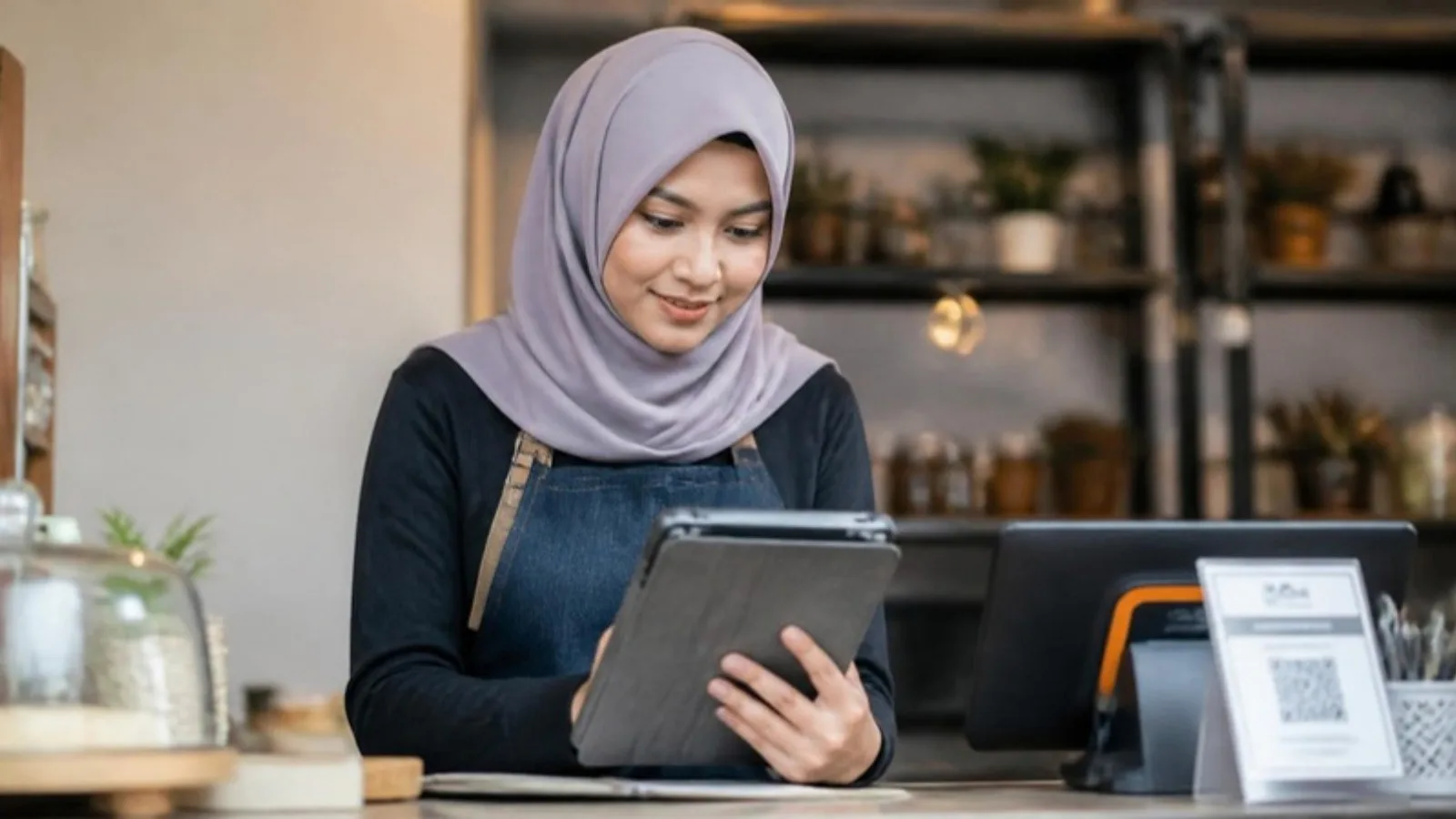Seorang pemilik perniagaan kecil yang yakin menyemak invois digital pada tablet