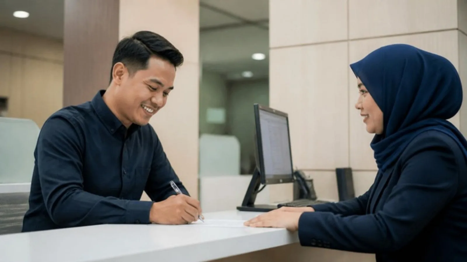 Seorang pemilik perniagaan kecil yang bangga menandatangani dokumen di kaunter bank