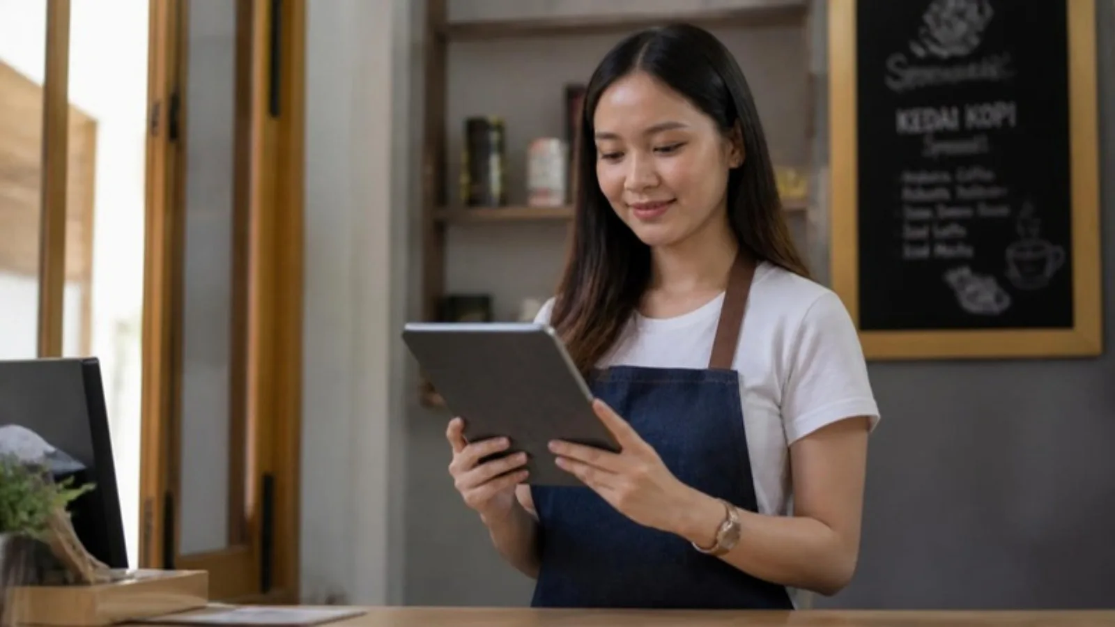 Seorang pemilik perniagaan kecil yang yakin menyemak dokumen dasar privasi pada tablet